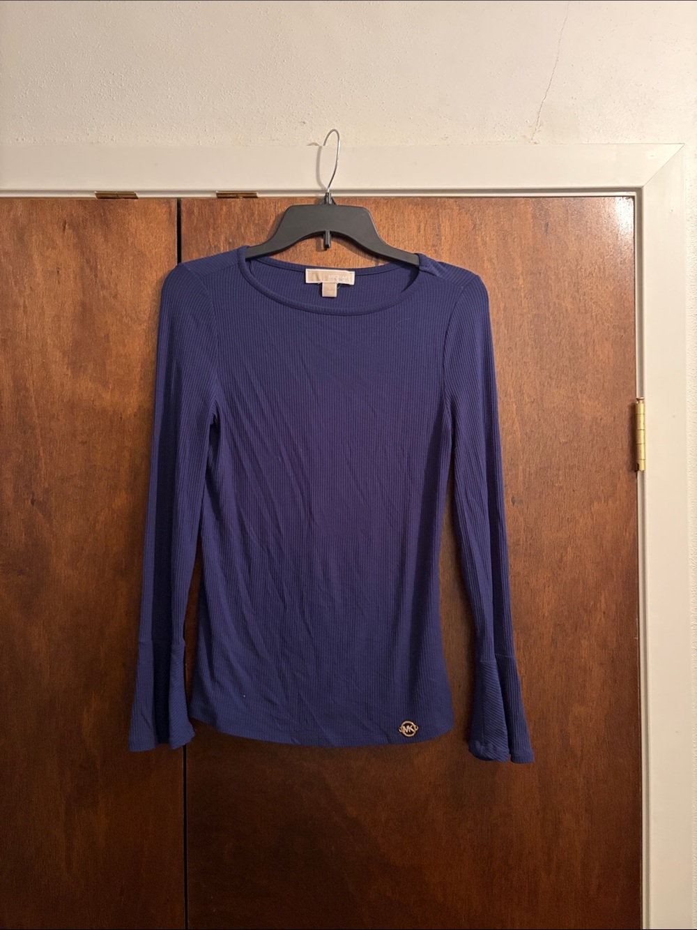 Michael Kors Deep Navy Ribbed Long-Sleeve Crewneck Top